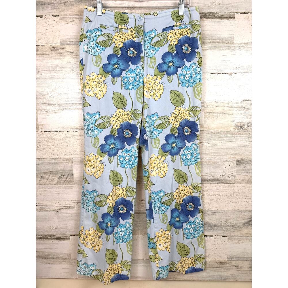 Talbots Womens 8 Blue Green Floral Ankle Pants Preppy Coastal Chic